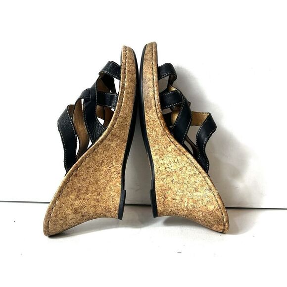 Born Womens Sz 10M Wedge Cork Heel Sandals Leather Black Casual Slip On Open Toe - Picture 6 of 12